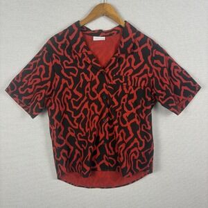 Vtg 90s COS COB Button Up Womens L Short Sleeve Red Abstract Graphic NEED PIC
